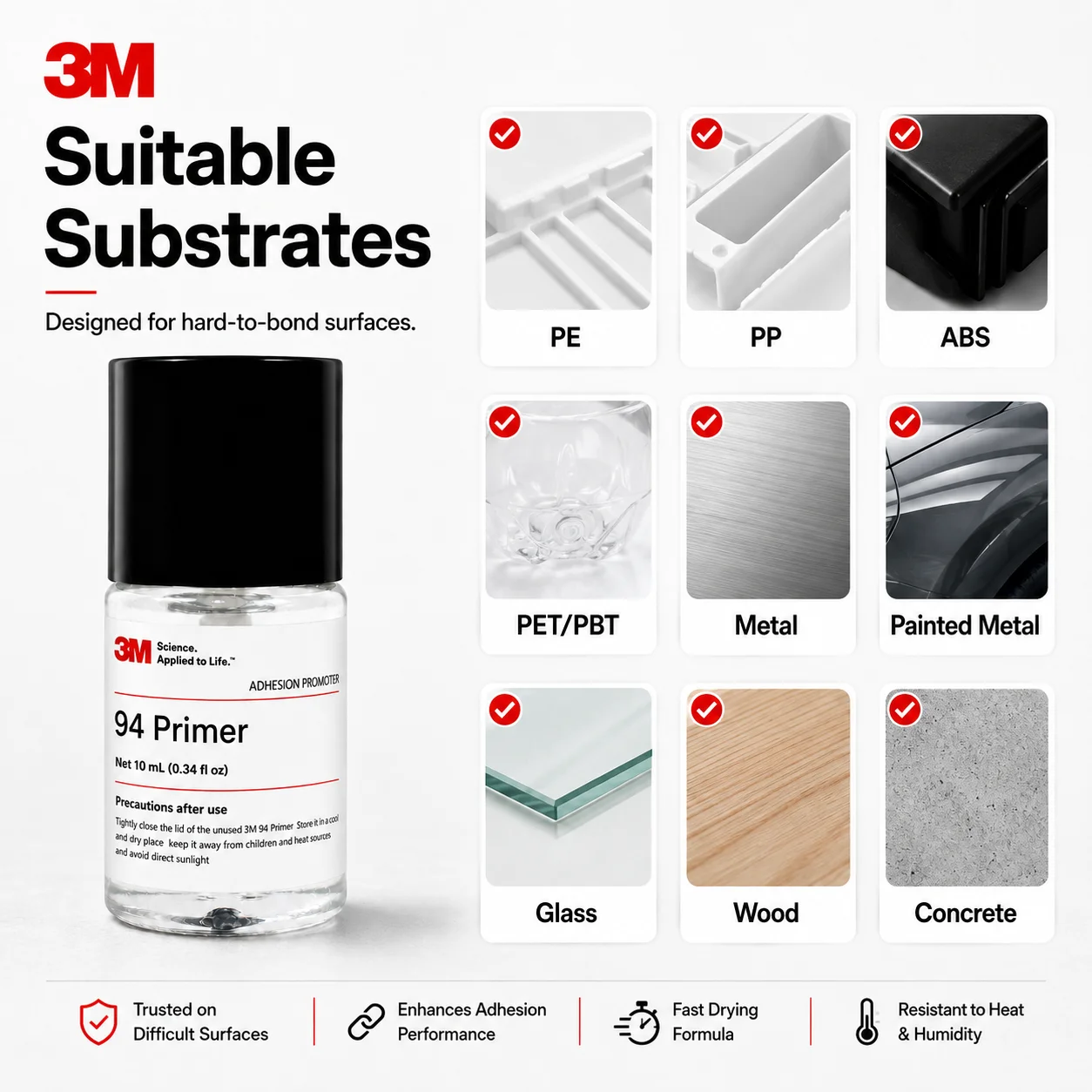 Original 3M Primer 94 Adhesion Promoter 10ml Repack High Adhesion Surface Treatment for Car Wrap Tape Plastic Metal