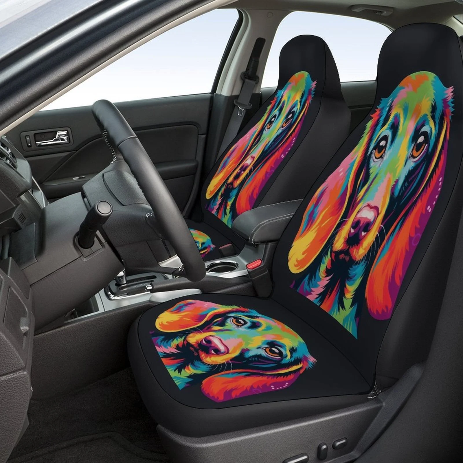 Colorful Dog Portrait Car Seat Cover Set - Vibrant Dachshund Design, High-Quality Polyester, Fit For Most Cars, Ideal For Front