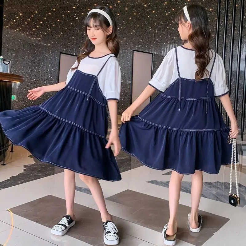 Summer Dress with False Two-piece Design Girls Kids Clothes Girl Beach Princess 2025 New Children's Clothing From 13 14 Years