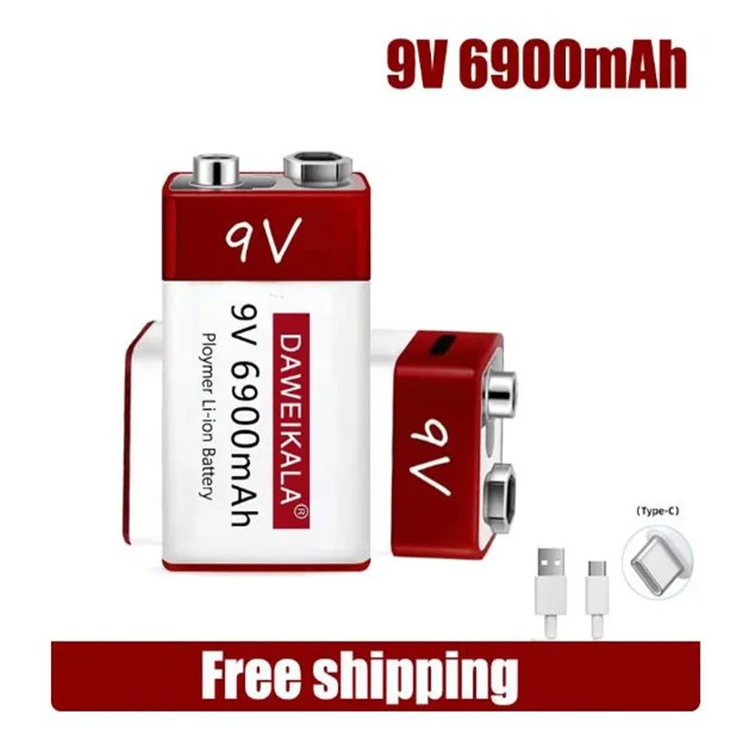 9V 6900mah lithium ion rechargeable battery type-C USB multimeter lithium microphone metal detector + cable