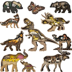 Decoration Wooden 3D Hollow,Rhino Camel Dinosaur FOX EIK Elephant Bear Desktop Toy Car Ornaments Christmas Family Friends Gifts