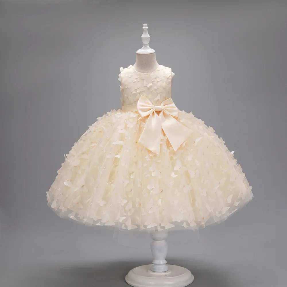 

Cute Princess Flower Girl Dress for Wedding Tulle Applique Butterfly With Bow Sleeveless Dress Kids Birthday Party Ball Gowns