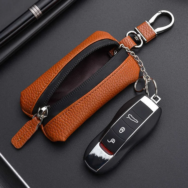 Funda de cuero PU Unisex para llaves de coche, organizador de bolsillo con cremallera, gran capacidad