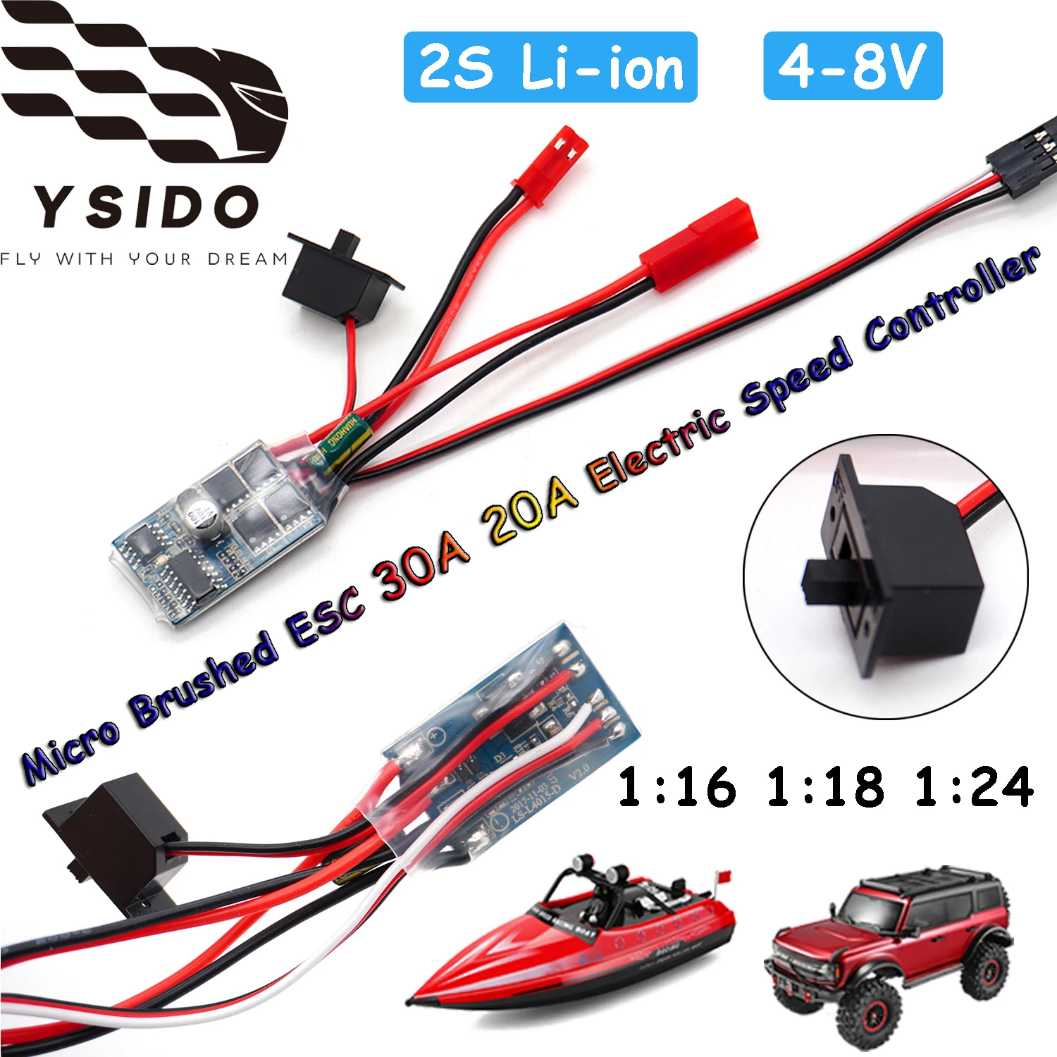 YSIDO Micro ESC 30A 20A Brushed Electric Speed Controller 2S Li-ion 4-8V for DIY Mini 1:16 1:18 1:24 RC Car Boat Tank With Brake
