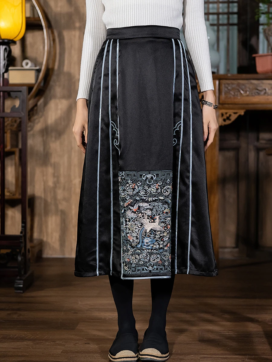 

New Chinese Sle Thiened Fce Lined Embroidered Tailed Skirt Women's mid Winter A-Line Midi Skirt Polyester Nylon