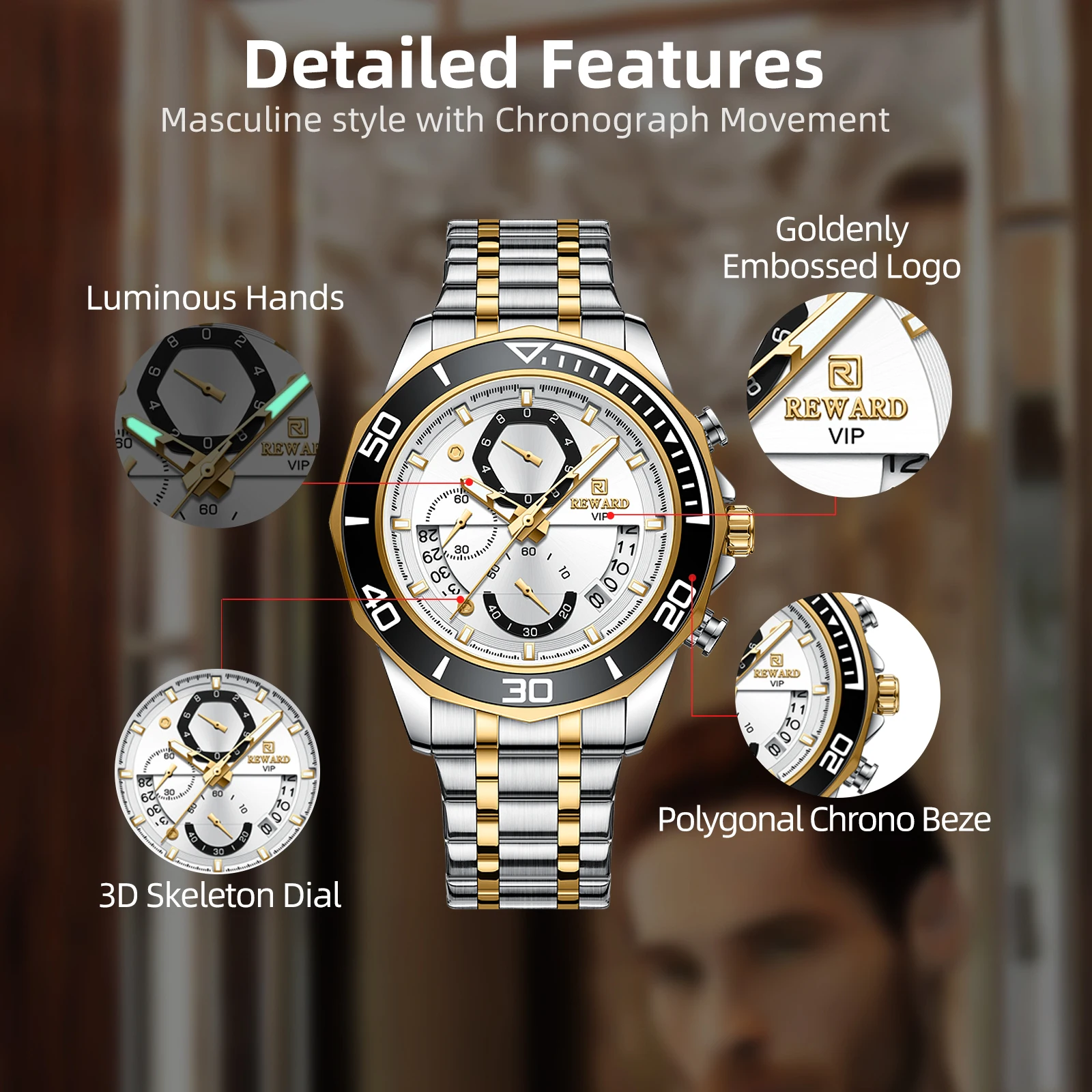 REWARD Mens Watches Fashion Business Stainless Steel Wristwatch Waterproof Luminous Chronograph Calendar Quartz Watches