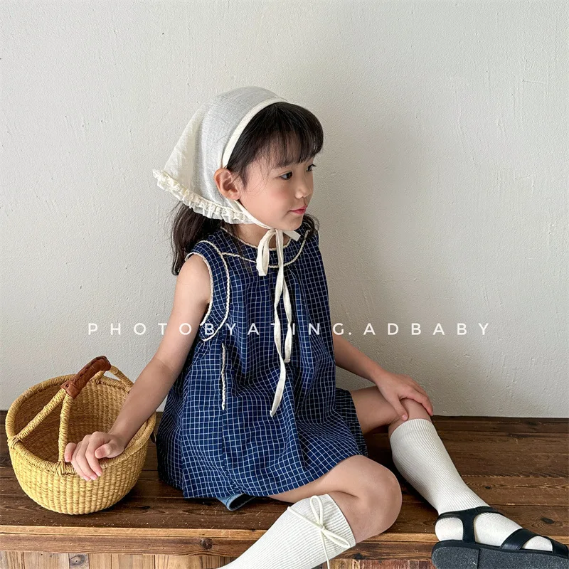 

Girl Shirt Top 2024 Children Dress Girls Summer Dress Korean Lace Lace Sleeveless Shirt Summer Plaid Shirt Top Clothes