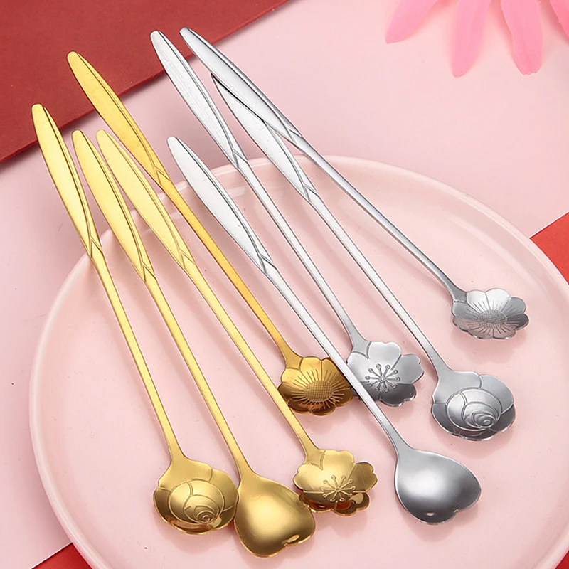 1Pcs Coffee Spoon Stainless Steel Cherry Blossom Rose Creative Long Handle Gold-plated Flower Spoons Kitchen Accessories