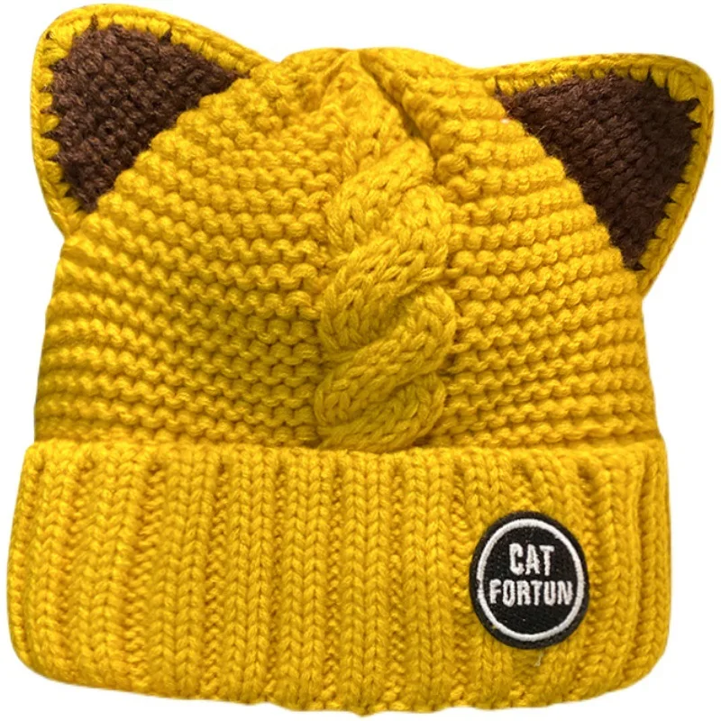 Cat Ears Knitted Bonnets for Women Cap Women\'s Autumn and Winter Korean-Style Fleece-Lined Warm Beanie All-Matching Cute Hat