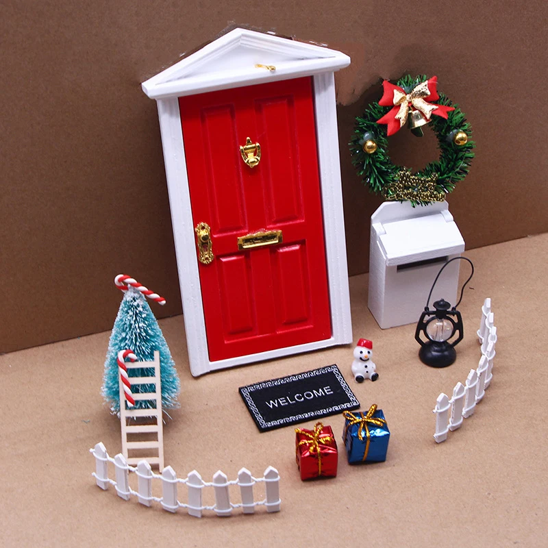 Mini House Elf Door Christmas Decoration Set Miniature Scene Mini Wooden Door Elf Door Accessories Christmas Diy Decoration