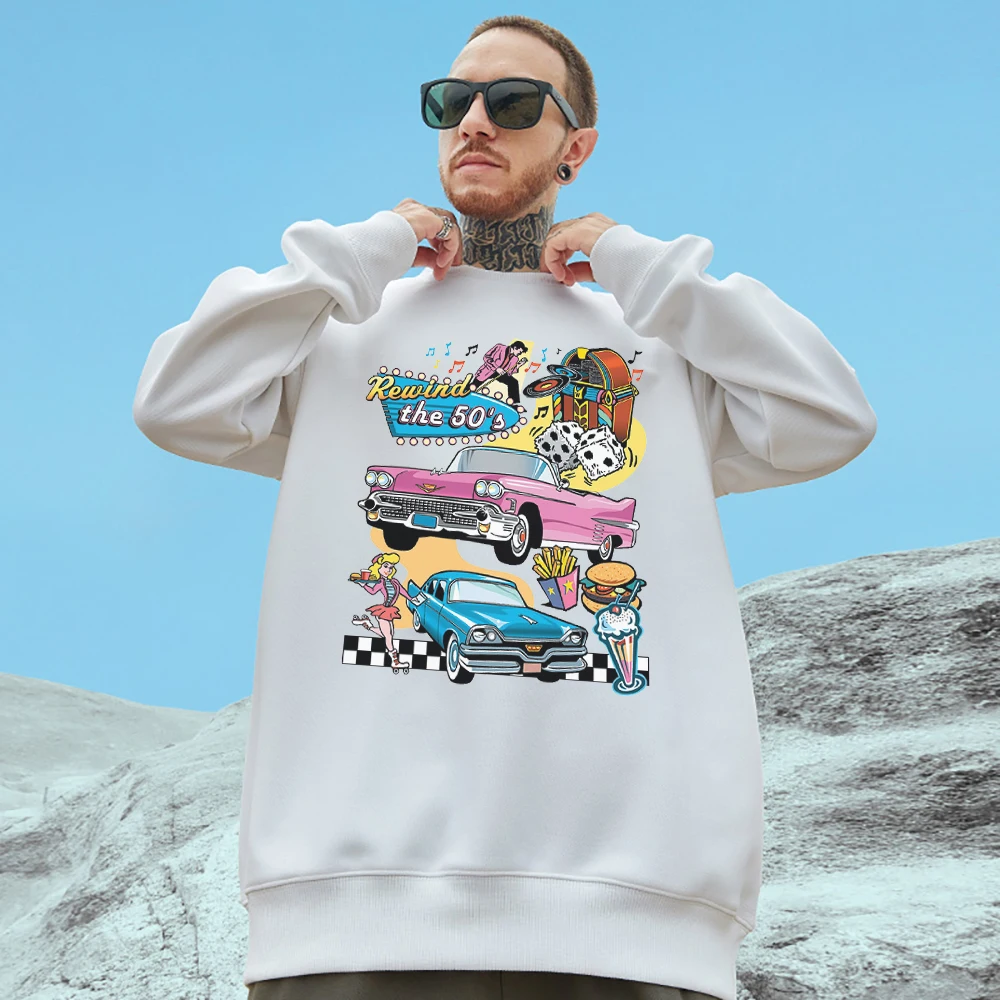 Rewind The 50's Automobile And Entertainment Print Man Long Sleeves Vintage Casual Sweatshirts Oversize Fashion Unisex Hoodies