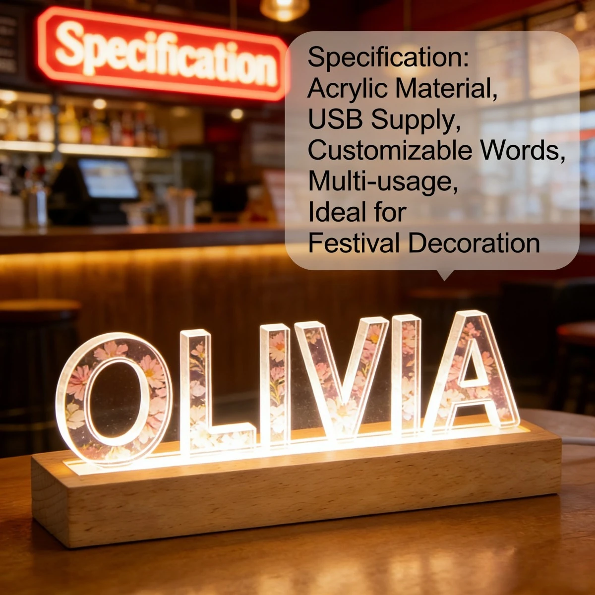 1pc Personalized Acrylic LED Night Light, Decor for Engagement, Personalized Light with Wood Base, Nursery,Birthday Gift Decor - view 4