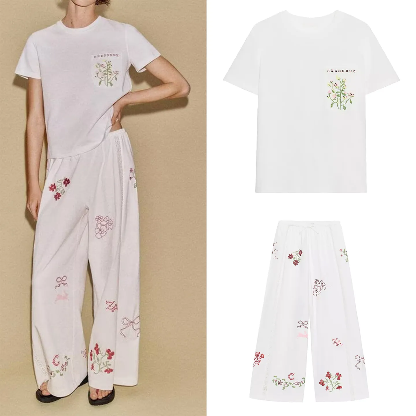 

Women's Spring Fashion Set round Neck Short Sleeve T-shirt with Pocket Straight Leg Long Pants Floral Embroidery Casual Wear