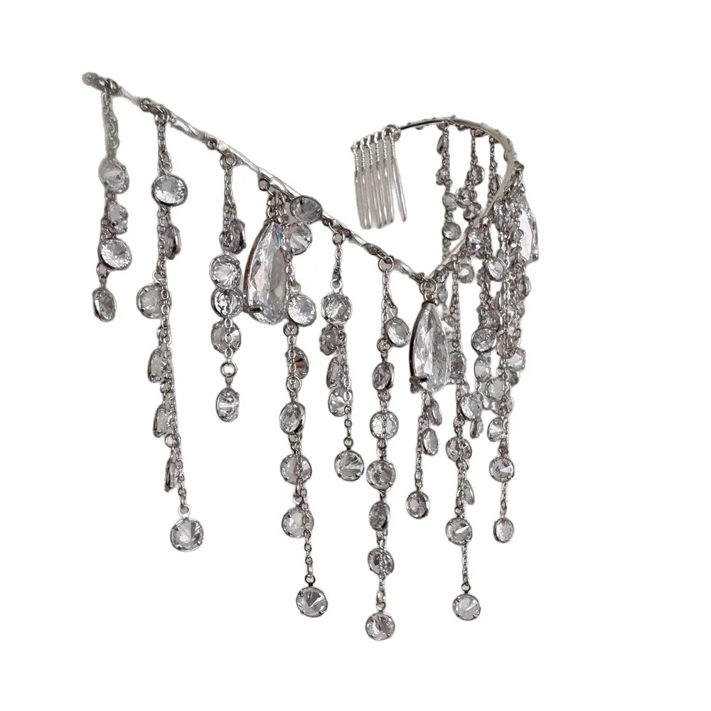 女性用ラインストーンタッセルヘッドバンド1個 - カスケードウォーターフォールデザインの輝くブライダルヘアアクセサリー、プリンセススタイル