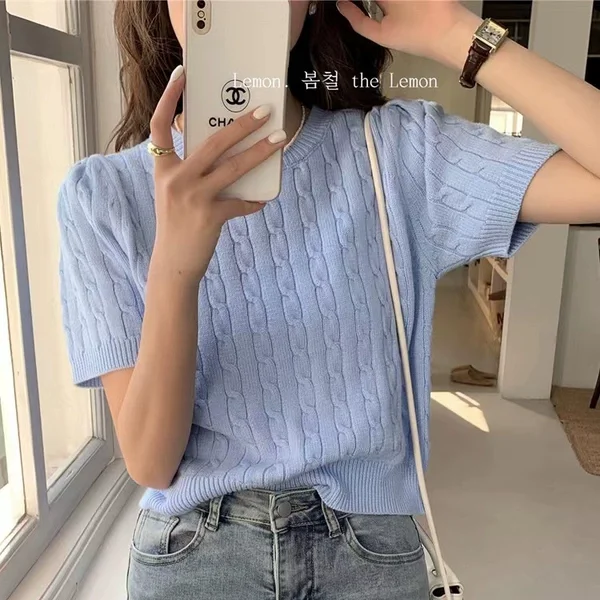 Korean Style Sweet Thin Short Sleeve Knitwear Women's Inner Wear Casual Loose Fit  Color round Neck Pullover Top
