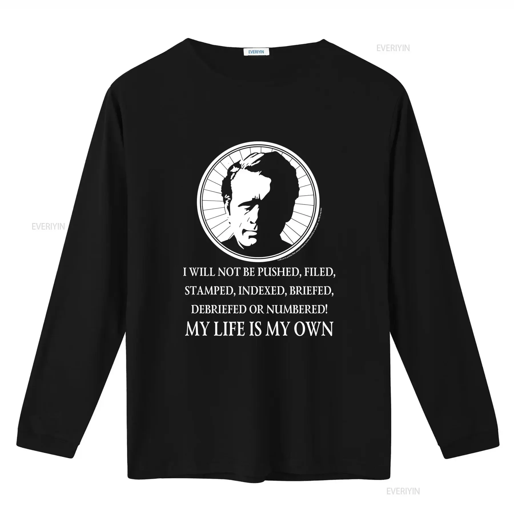 The Prisoner Patrick McGoohan Double Sided Black T Shirt TV Promo 1967 with Bold Statement Print vintage Washed Stylish homme