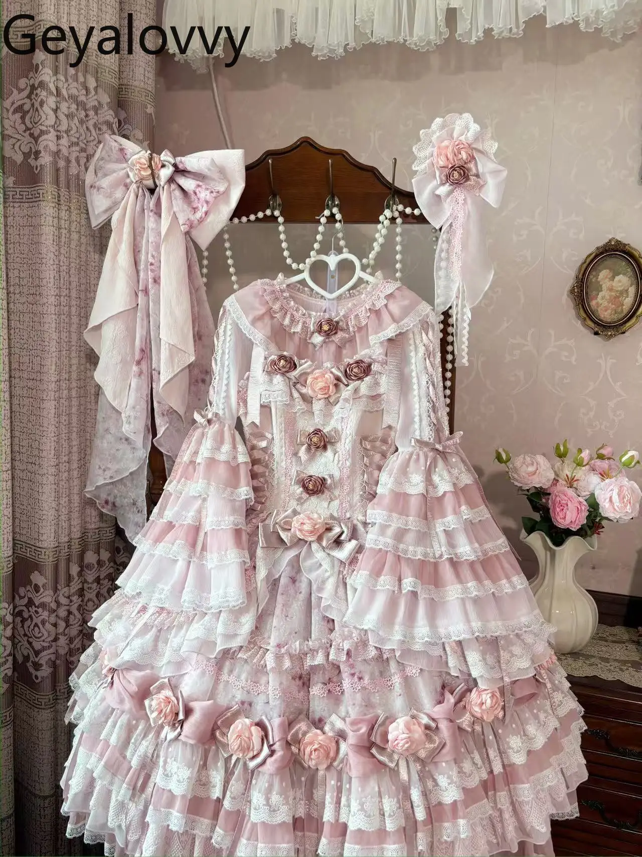 فستان JSK الأصلي عالي الخصر للتخسيس للفتيات الجميلات متعدد الاستخدامات مزين بالزهور فساتين الأميرة الطويلة ومجموعة القمم الداخلية #6