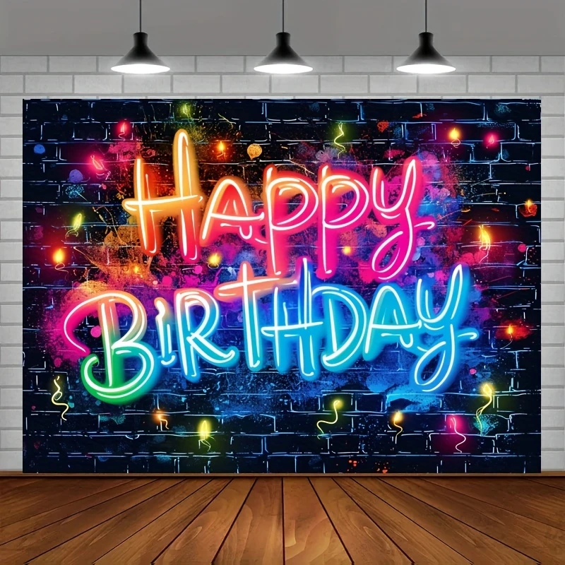 Glow Happy Birthday Background Neon Glow Splashed Graffiti Brick Wall Decorated Dark Party