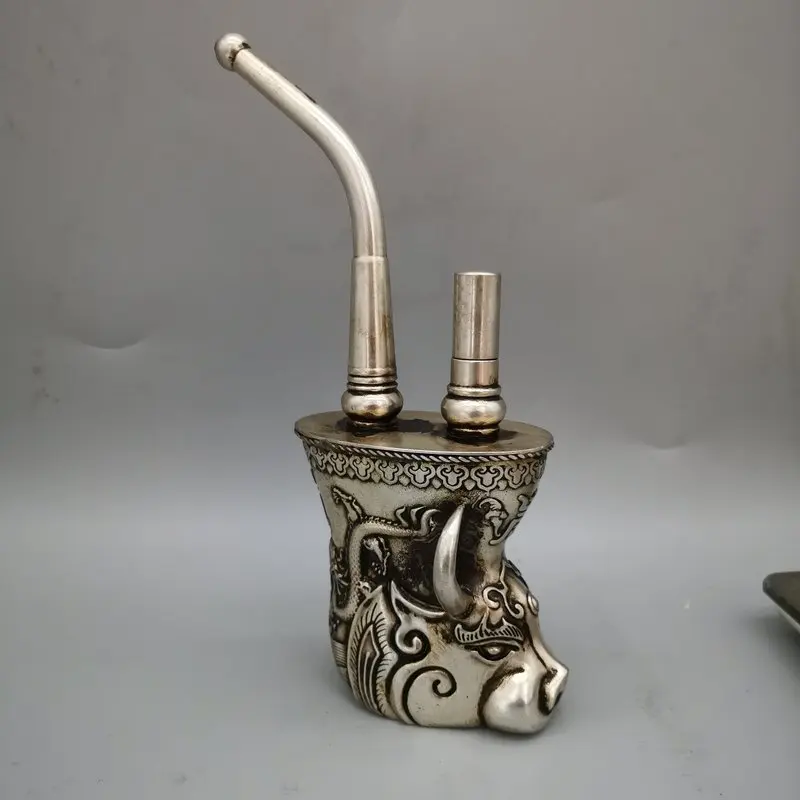 Antique-style vintage smoking accessories, traditional pure copper bull-head double-dragon hookah, creative small gift for men