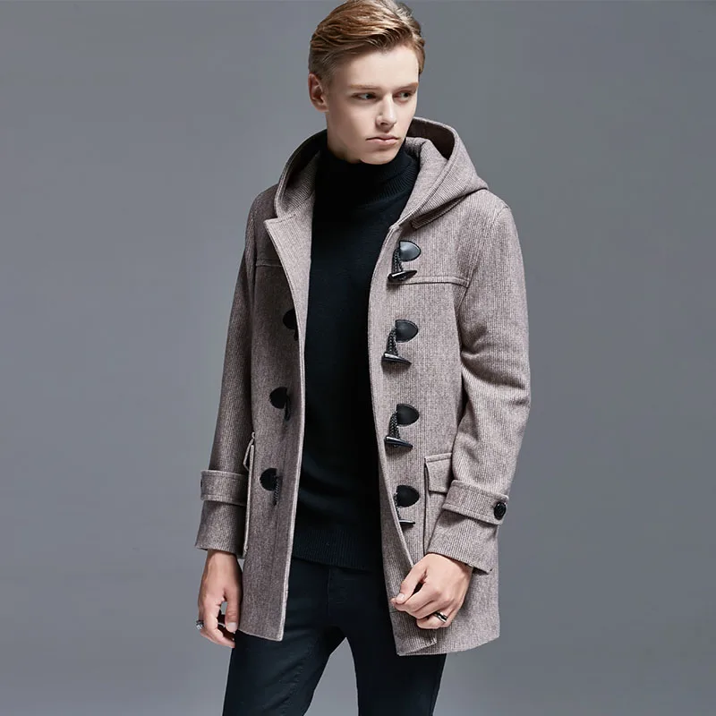 

Winter New Style Fashion Loose Hooded Wool Coat Men Short Handsome Men's Horn Button Overcoat Plus size 6XL