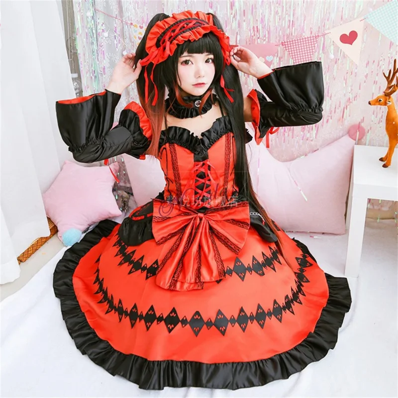 Datum ein Live-Cosplay Kostüm Tokisaki Kurumi Teufel Cosplay Anime Hallween Party Kostüm Gothic Lolita Kleid Outfit für Frauen Mädchen