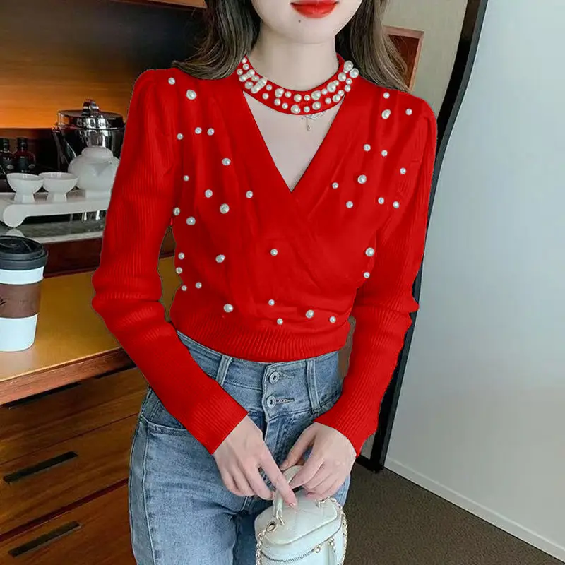 ニットセーター女性のためのホルターネック滑らかな和風韓国ファッション暖かいライト Y2k ヴィンテージトップビーズ女性プルオーバー