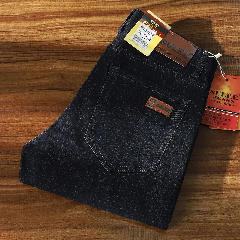 

SULEE прямые эластичные мужские джинсы 2024, осень-зима, деловые повседневные классические модные брюки, черные джинсовые брюки, брендовая одежда