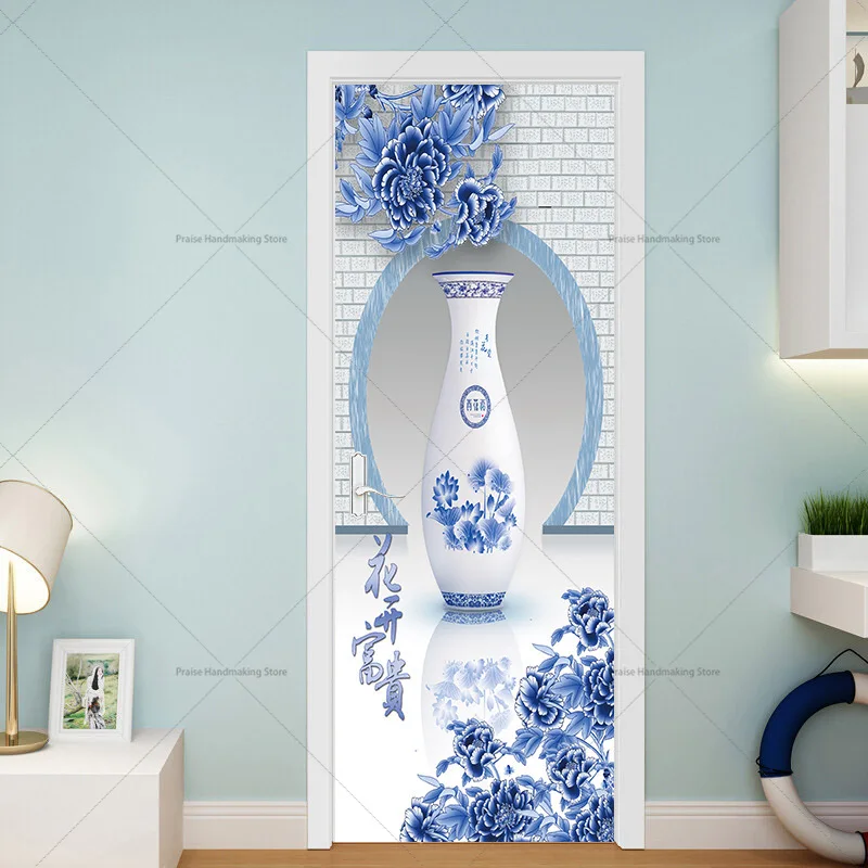 

Chinese Style Blue and White Porcelain Door Stickers Living Room Decorative Painting Anti-fouling Self-adhesive Wall Stickers