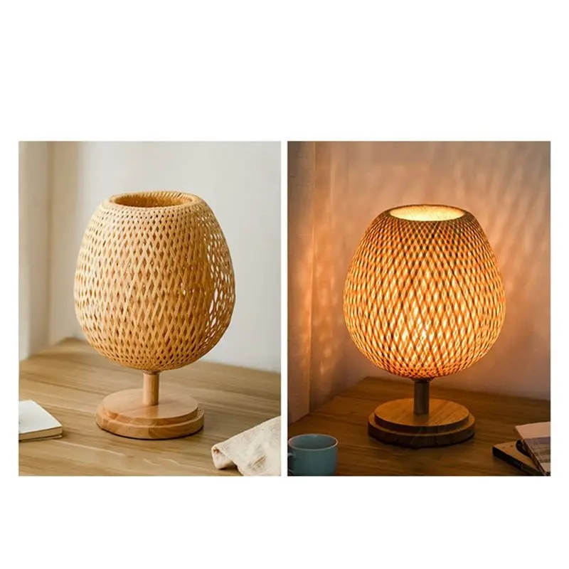 Vintage Rattan Desk Light Handmade Bamboo Table Lamp E27 For Bedroom, Bedside Lamp Living Room Decor US Plug