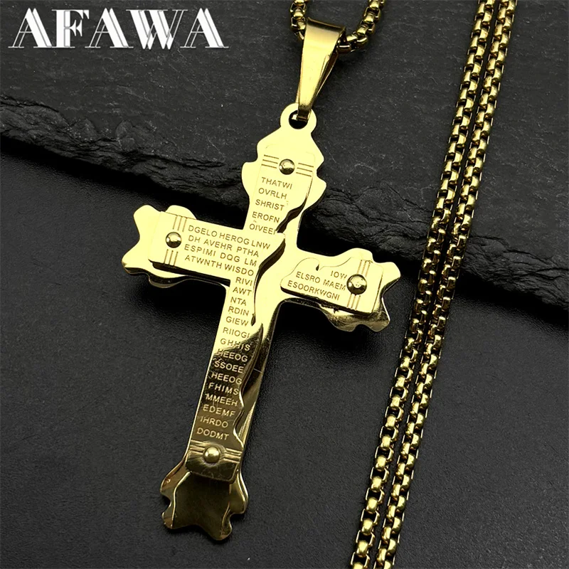 

Spanish Bible Lord's Prayer Cross Pendant Necklace for Women Men Stainless Steel Gold Color Religious Scripture Chain Jewelry