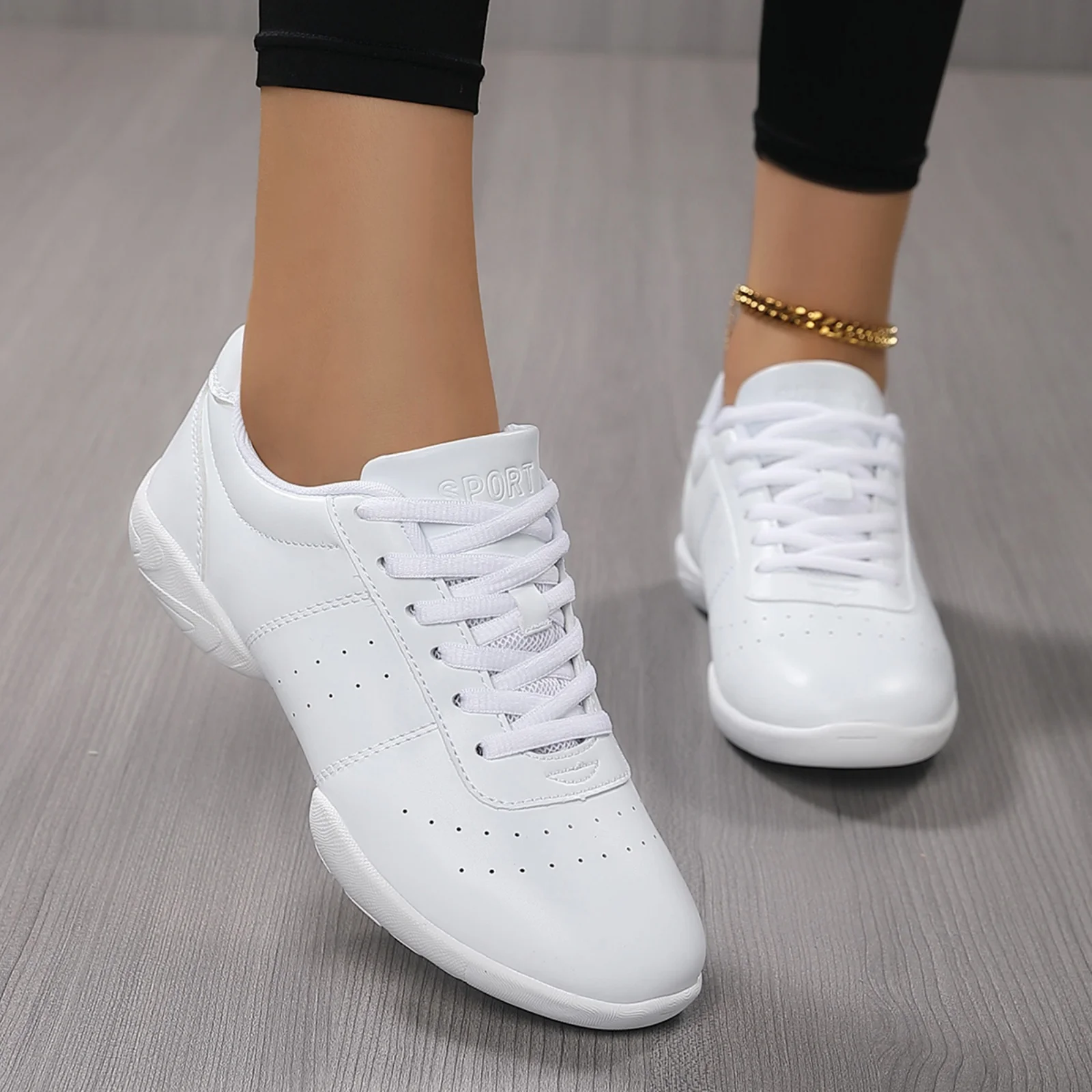 610Women's Leather Sports Shoes Lightweight Cheerleading Aerobics Sneakers Youth Teen Girls Non-slip Fitness Gym_desvips.com