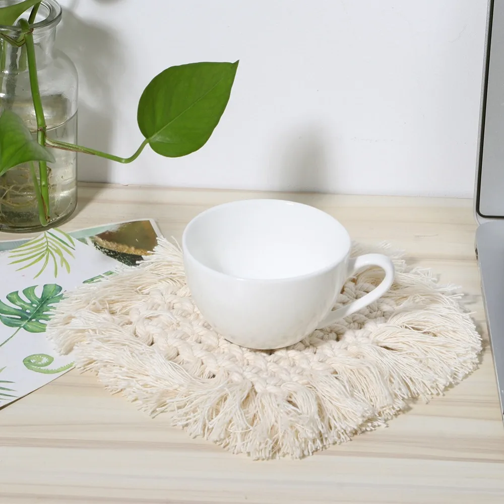 4Pcs Cotton Thread Cotton Cup Coaster Heart Shape Flexible Heat Insulated Pad Practical Light Weight Rope Woven Coaster