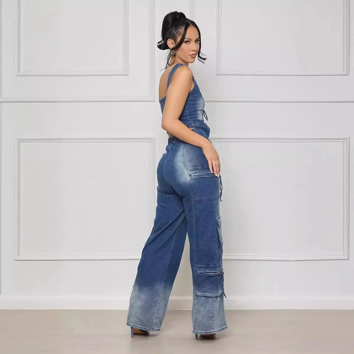 Vintage Denim Two Piece Set 2024 Summer Fashion Casual V-neck Sleeveless Tanks Multi Pocket Wide Leg Cargo Pants Streetwear