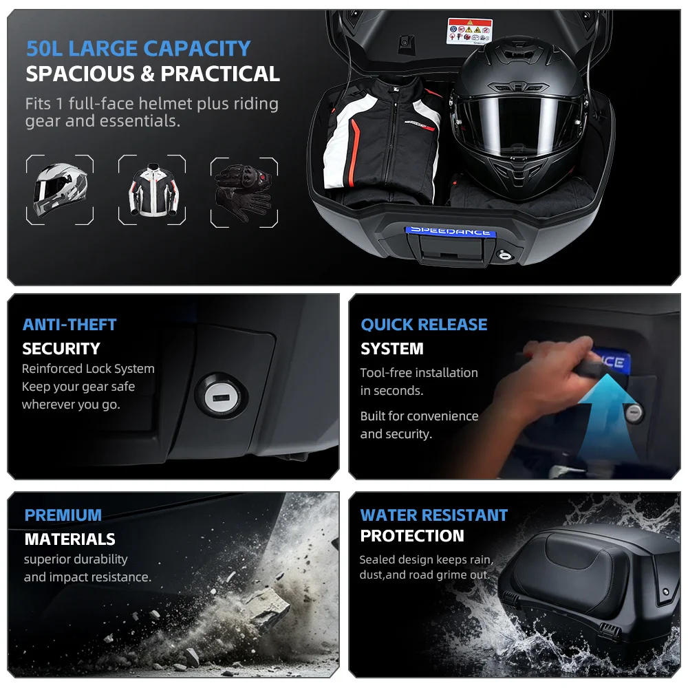 For Honda NC750X Quick‑Detach Rear Top Trunk, Factory Reserved Hole Installation, Stock Key Control Top‑Case Lock