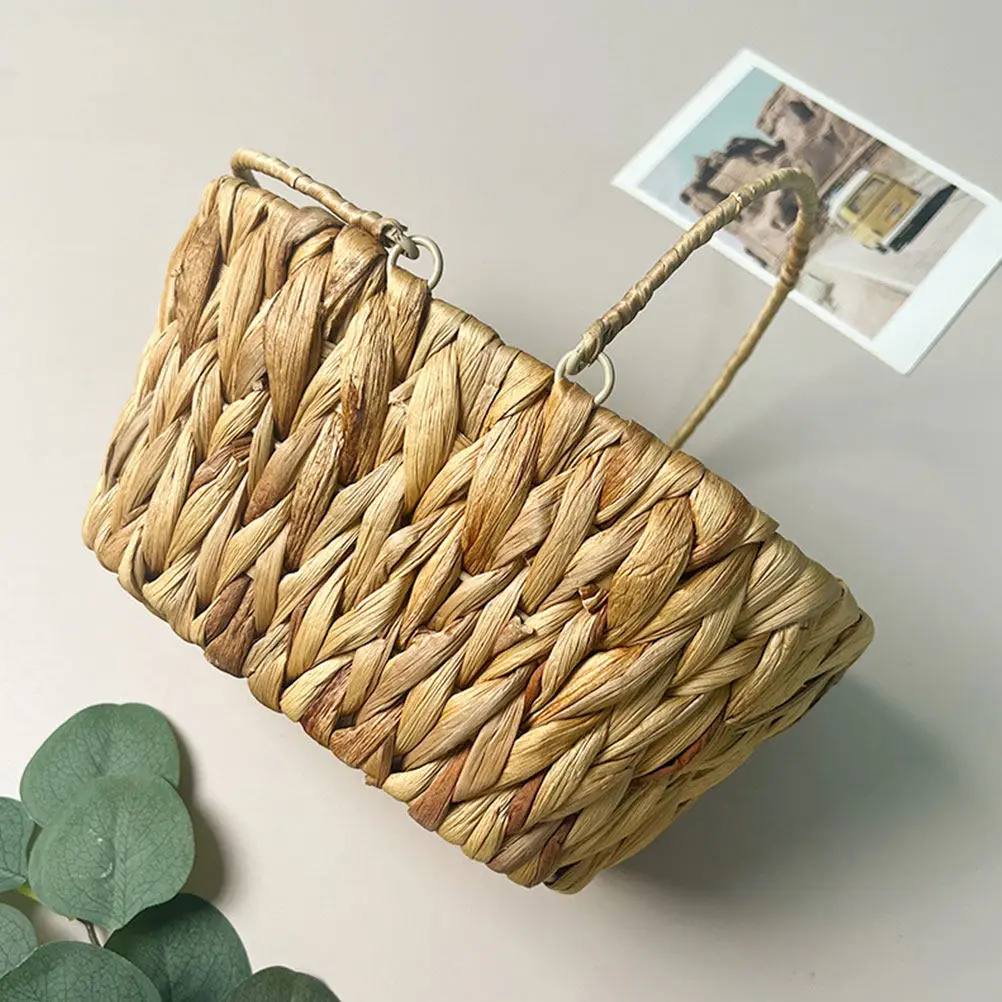 Water Hyacinth Woven Storage Basket with Handles Rustic Fruit Vegetable Egg Snack Desktop Organizer