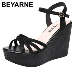 High quality summer wedge sandals for women 11cm high heel new 2024 size 32 33 42 43 platform open toe elegant shoe black beige