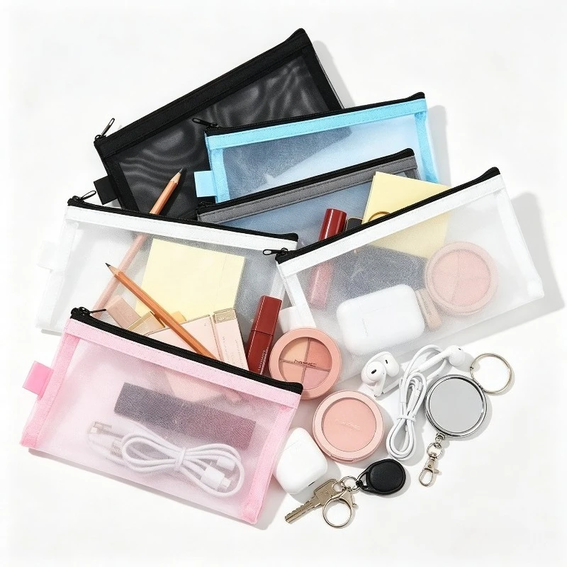 Mesh Pencil Bag Stationery Holder Zipper Portable Lipsticks Keys Cable Organizer Bag 20.5x9cm Nets Cosmetic Bag Pens Storage
