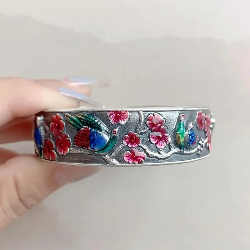 

Vintage 925 Silver Picturesque Magpie Plum Blossom Bracelet for Women Ethnic Style Embossed Colored Enamel Bangles Jewelry