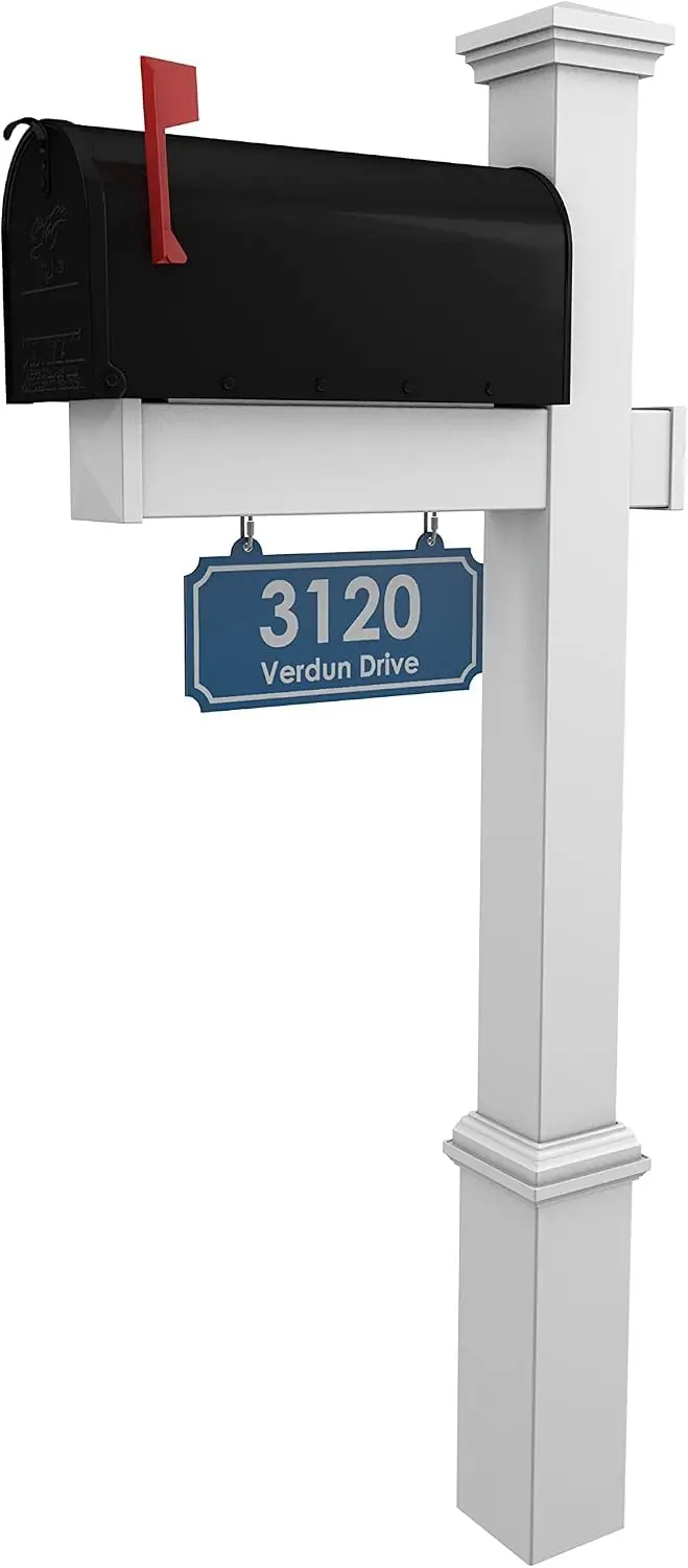 White Vinyl Mailbox Post System with Black Steel Mailbox (Blue, Standard)