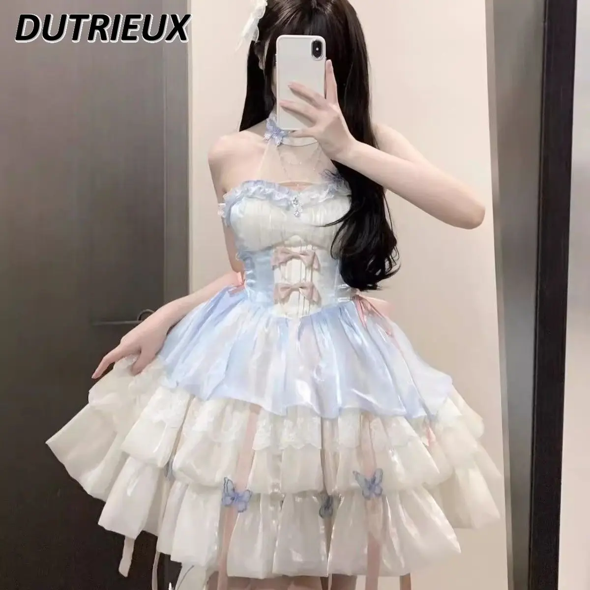 Vestidos de princesa lolita para mulheres, vestido grande de balanço, pettiskirt curto com laço doce, estilo puro desejo, novo, verão, 2022