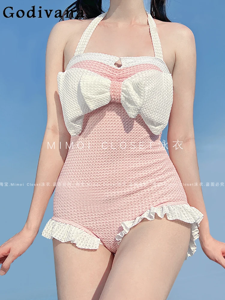 Summer New Fashion Bowknot One-Piece Lolita Swimsuit Japanese Girly Sweet Y2k Slim-Fit Elegant Pink Bathing Suit Women Swimwear