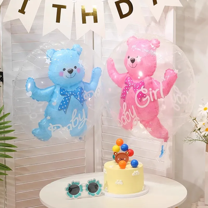 

4D Transparent Baby Shower Boy Girl Bear Bubble Ball Kids 1st Birthday Party Blue Pink Helium Balloon Gender Reveal Decoration