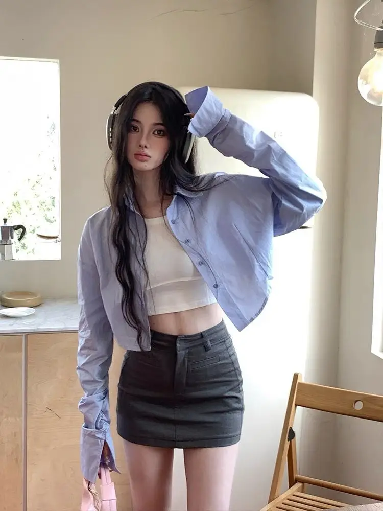 Shorts Shirts Women Long Sleeve Solid Color Loose Korean Style Spring Chic All-match Elegant Hot Girls Simple Clean Fit Tops