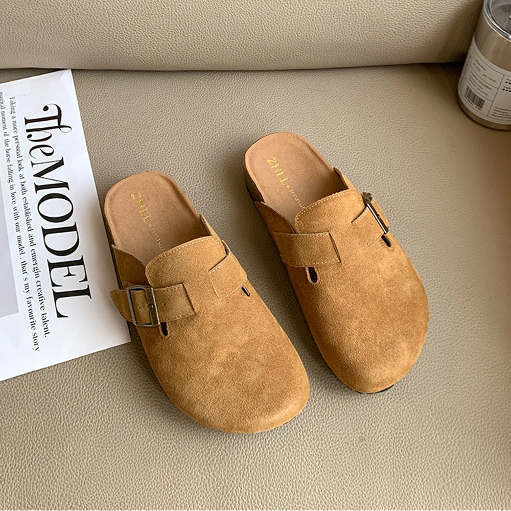 Fashion Women's Suede Mules Slippers Clogs Cork Insole Sandals With Arch Support Outdoor Beach Slides Home Shoes