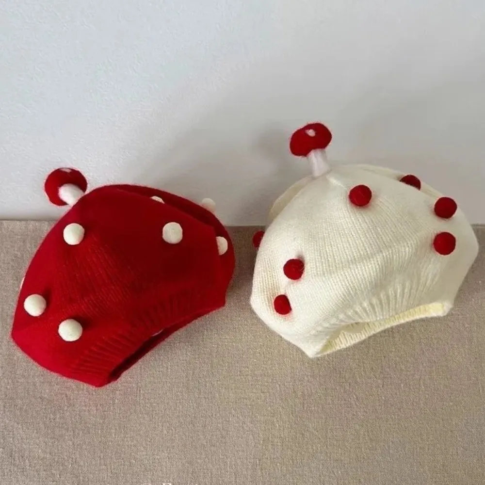New Soft Knit Beret Hat Mushroom Decor Red Beige Black Kid Knitted Beret Warm Lining Cute Kids Headwear Kids Fashion