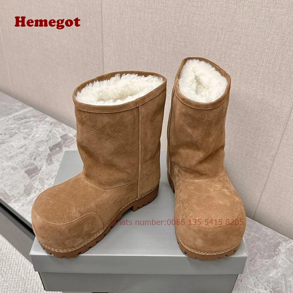 Thick Soled Snow Boots Big Toe Camel Color Height Increasing Plush Women's Mid-Calf Boots Slip On Winter 2024 New Warm Shoes