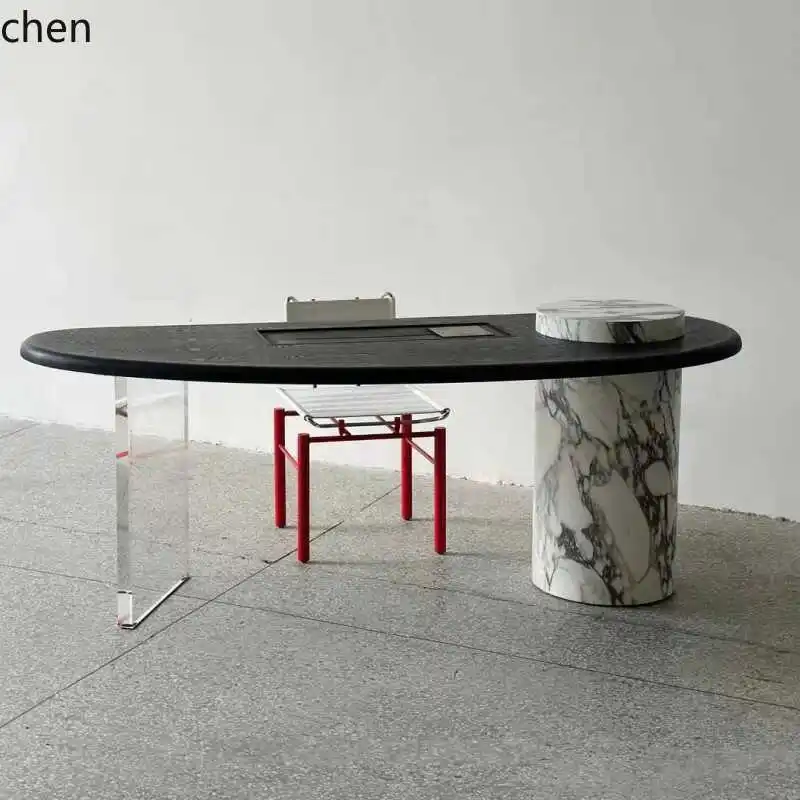 

ZML solid wood tea table and chair combination household living room suspended rock slab tea table