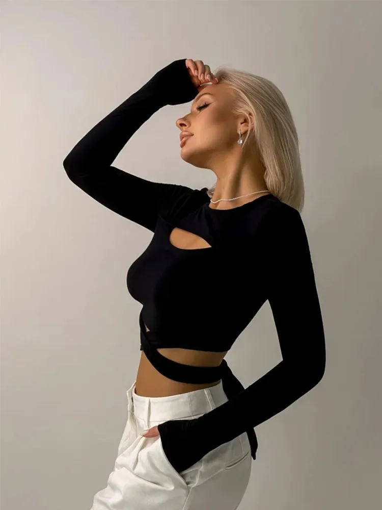 قميص قصير أسود جديد بقصة ضيقة، تي شيرت نسائي برقبة دائرية وأكمام طويلة بتصميم مجوف عصري #4