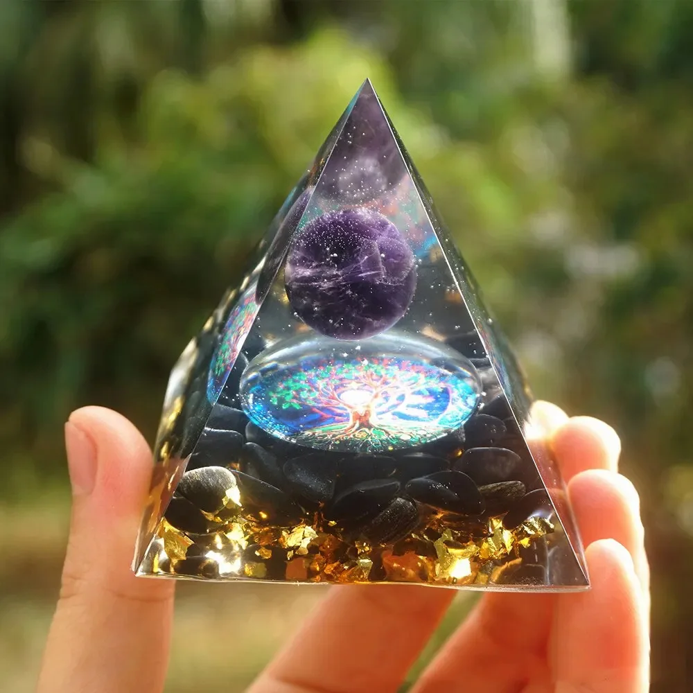 6cm Energy Pyramid Orgonite Reiki Natural Amethyst Ball Healing Crystal Chakra Tool Ornaments Resin Stones Home Decoration Gifts