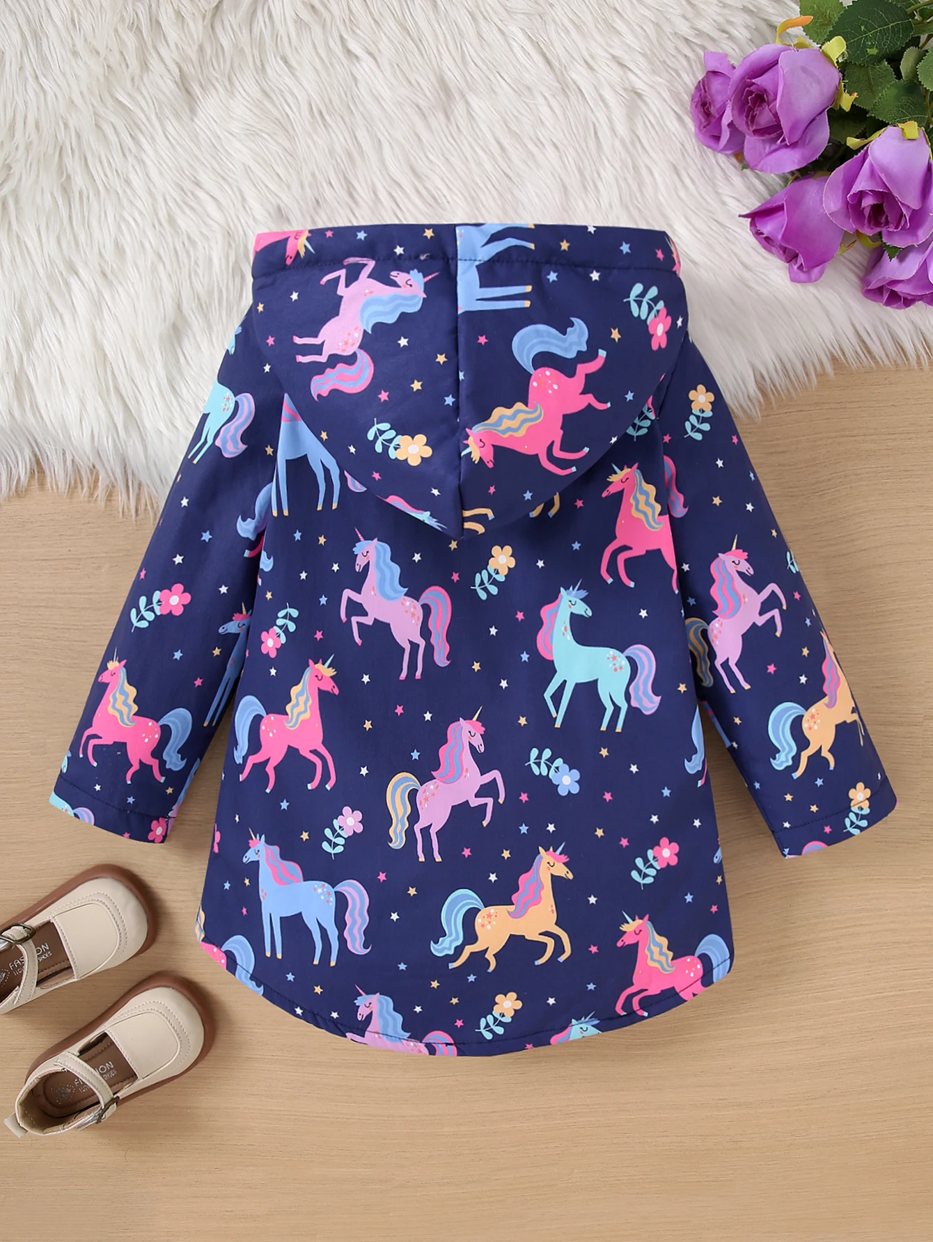 Autumn/Winter Fleece Warm And Cold Proof Girls' Colorful Printed Hooded Jacket For Casual Outings Medium To Long Length Jacket